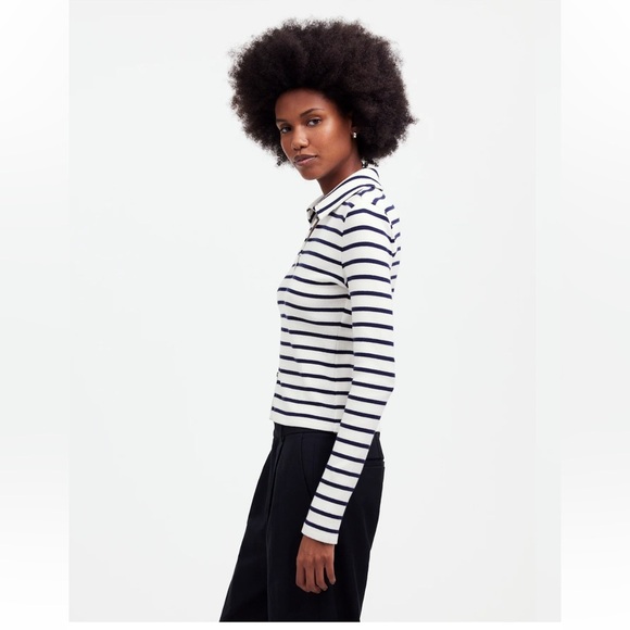 NWT Madewell Ribbed Zip-Front Tee in winter white stripe size M NS577 - Picture 4 of 13
